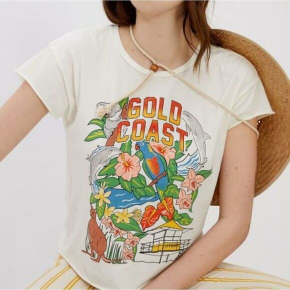 NWOT Anthropologie X Midnight Rider Gold Coast Cut Off Graphic Tee XS - Picture 1 of 6